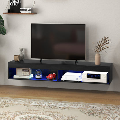 Modern Wall Mounted TV Stand with Storage and LED Lights for TVs up to 75", Floating TV Shelf for Living Room, Black