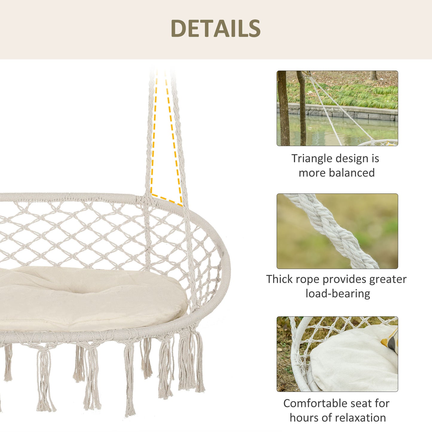 Patio Hammock Chair 2 Seat, Hanging Rope Hammock Swing Chair with Metal Frame and Cushion, Large Macrame Seat for Indoor and Outdoor 396 lbs Capacity, Cream White