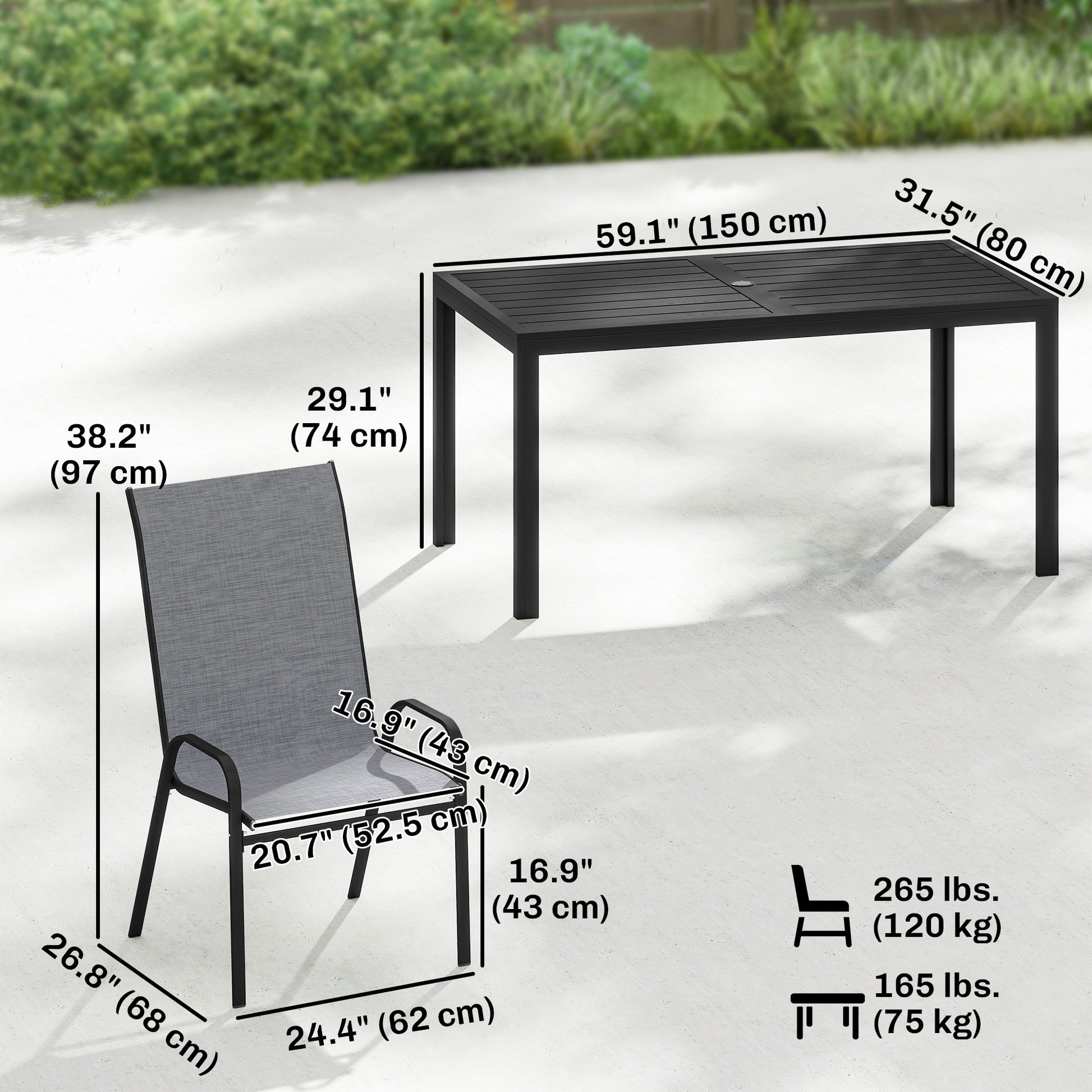Outdoor Dining Set for 6, Faux Wood Metal Patio Table and Mesh Stackable Chairs with Umbrella Hole, Mixed Grey