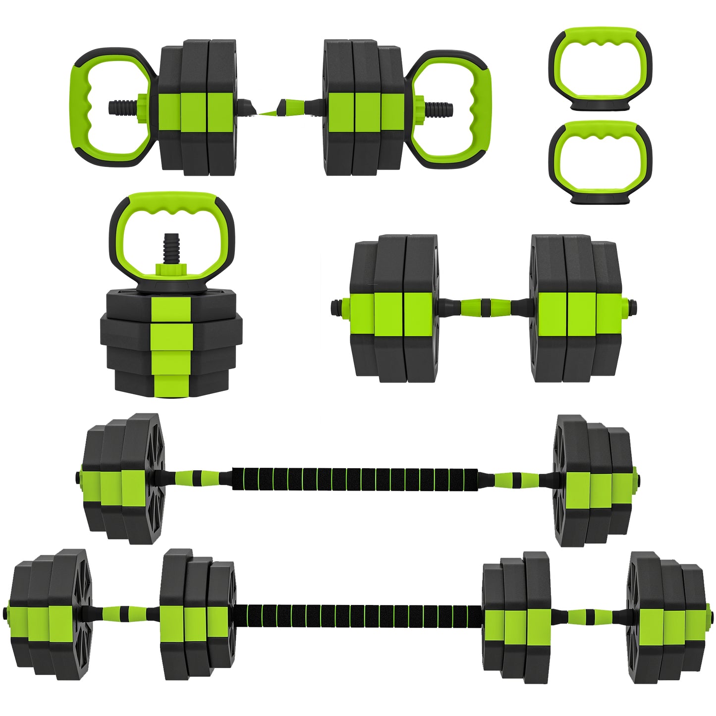 Soozier 6-in-1 Adjustable Dumbbell Set, Used as Kettlebell, Barbell, Dumbbell, Push-Up Stand, 66lbs Free Weights Set, Green