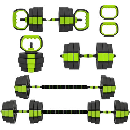 Soozier 6-in-1 Adjustable Dumbbell Set, Used as Kettlebell, Barbell, Dumbbell, Push-Up Stand, 66lbs Free Weights Set, Green