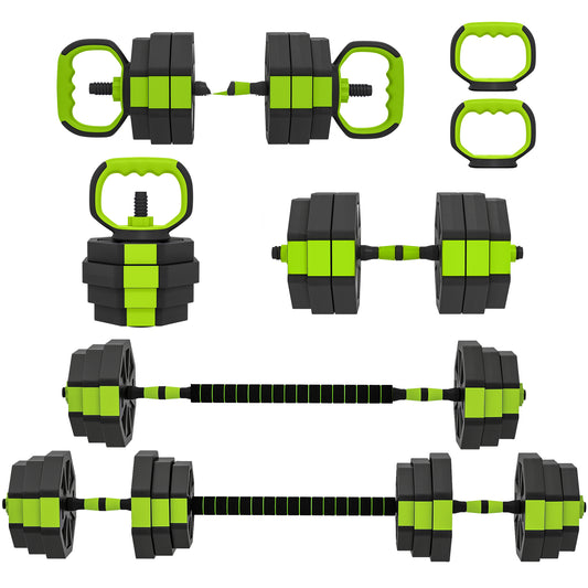 Soozier 6-in-1 Adjustable Dumbbell Set, Used as Kettlebell, Barbell, Dumbbell, Push-Up Stand, 66lbs Free Weights Set, Green