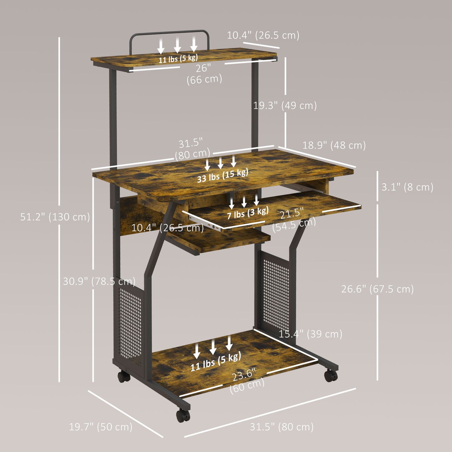 32" Mobile Computer Table, Rolling Study Desk for Home Office with Keyboard Tray, Storage Shelves, Wheels, Rustic Brown