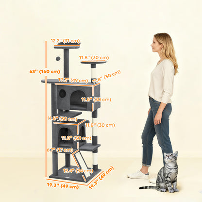 63" Cat Tree, Multi-Level Cat Tower with Scratching Posts, Cat Condos, Bed, Platforms, Ramp, Toy Ball, Dark Grey