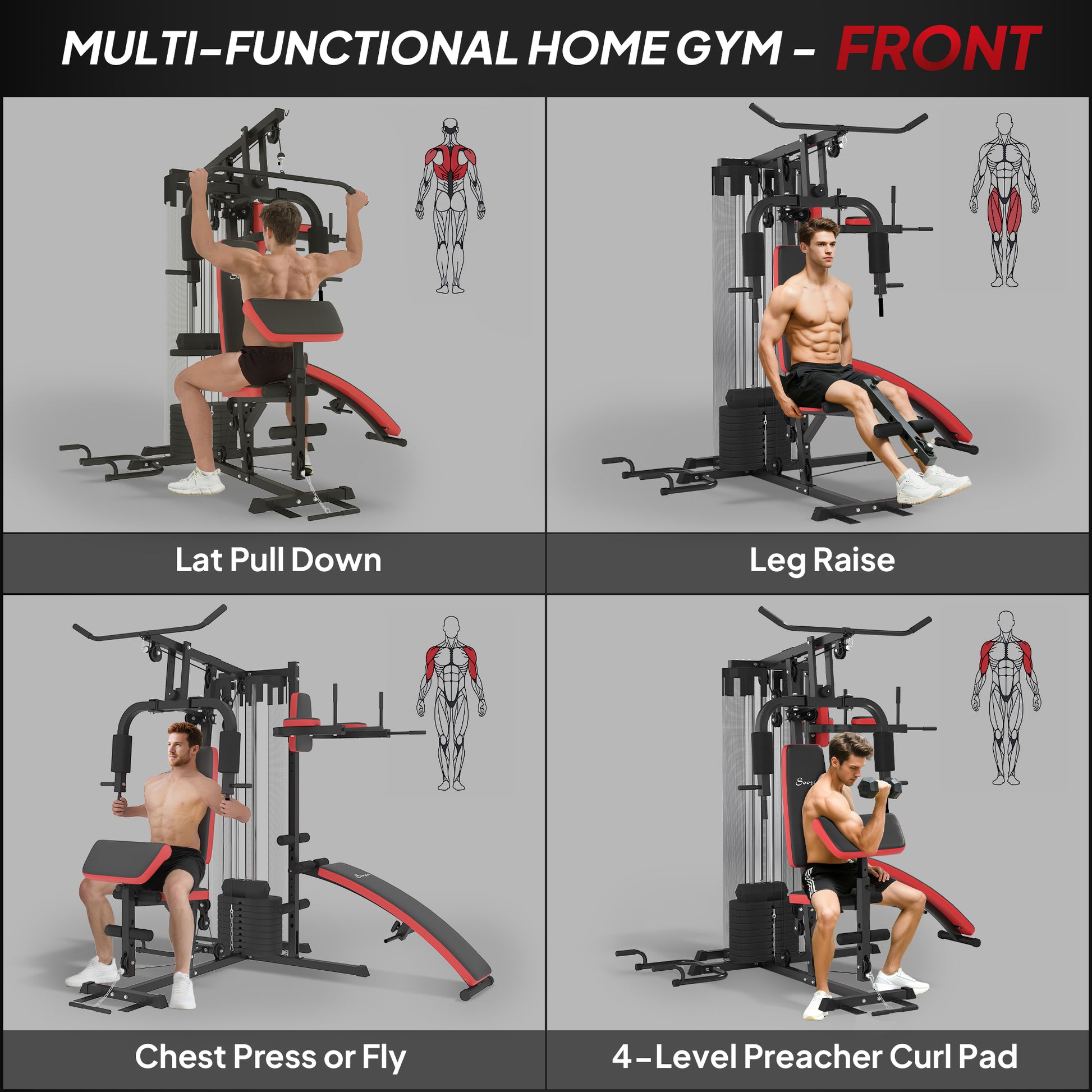 Soozier Multi Home Gym Equipment, Workout Station with Sit up Bench, Push up Stand, Dip Station, 99lbs Weights