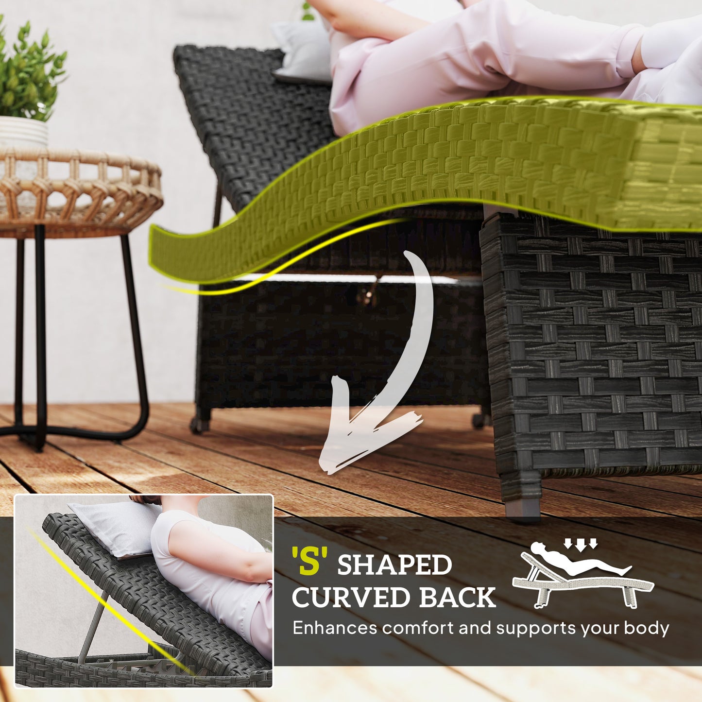 Patio Lounger, Folding Wicker Outdoor Chaise Lounge with 4-Level Adjustable Backrest, Black