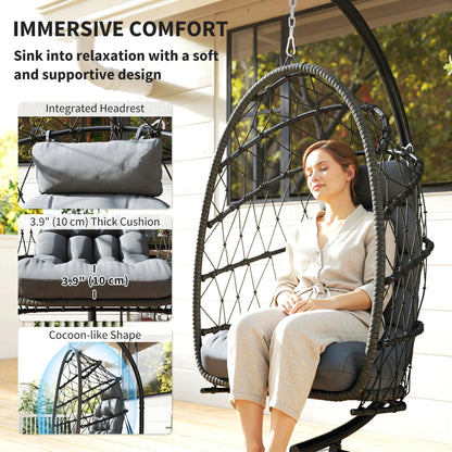Hanging Egg Chair with Stand, Foldable Wicker Rattan Swing Chair with Thick Cushion and Safety Rope, Grey