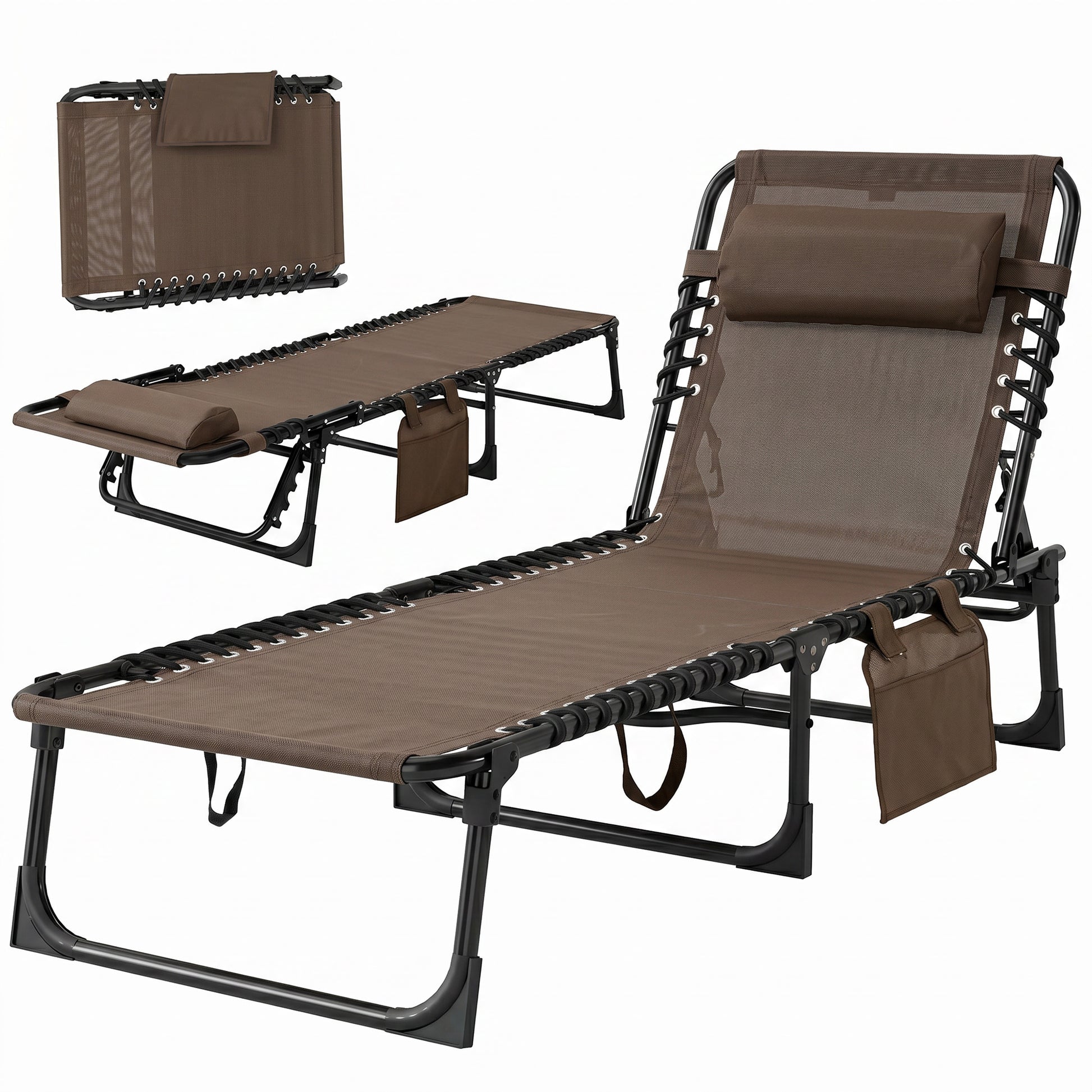 Outdoor Folding Chaise Lounge, Reclining Lounge Chair with Adjustable Backrest and Removable Pillow, Brown