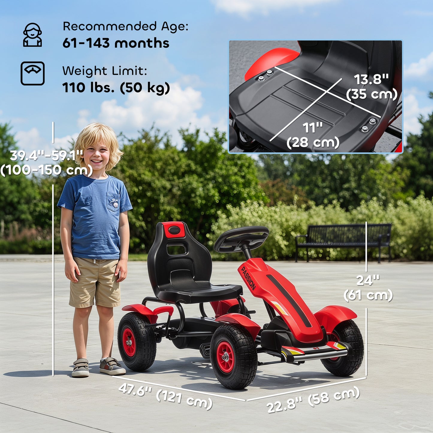 Aosom Pedal Go Kart for Kids, Pedal Car with Adjustable Bucket, Handbrake, 4 Rubber Wheels Powered Ride, Red