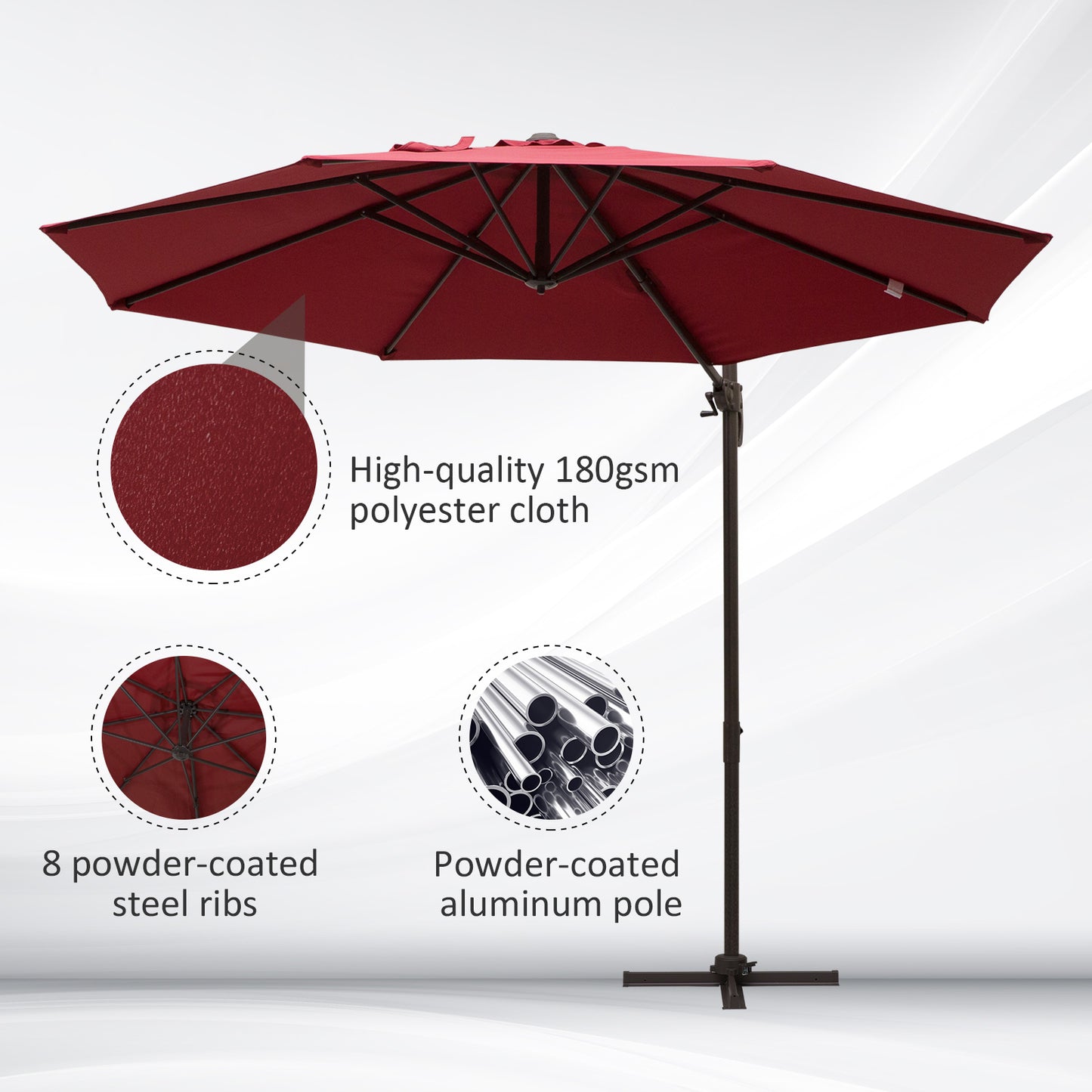 10ft Cantilever Patio Umbrella with 360° Rotation, Crank & Cross Base for Garden Deck Pool Backyard, Wine Red