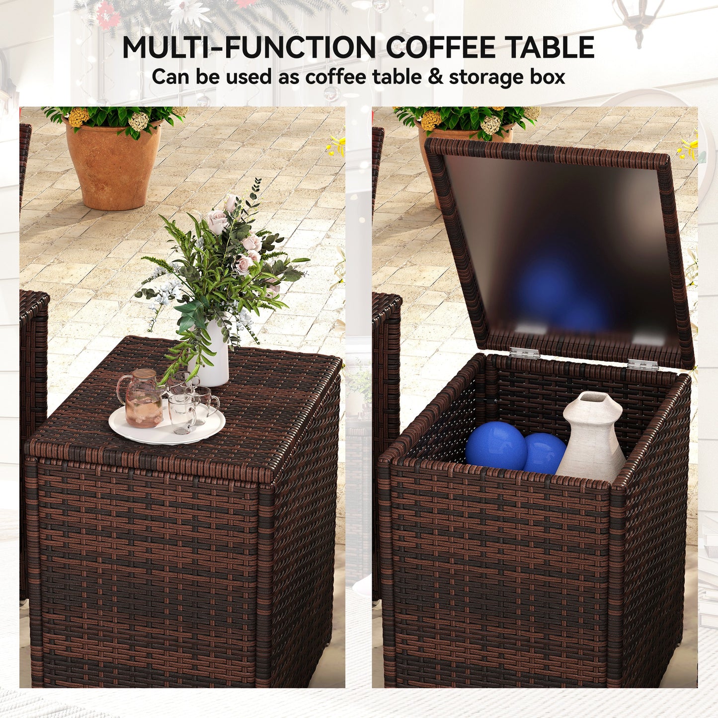 3 Pieces Wicker Patio Furniture Set, Rattan Bistro Set with Storage Coffee Table and Thickened Cushions, Outdoor Conversation Set for Garden, Porch, Balcony, Red