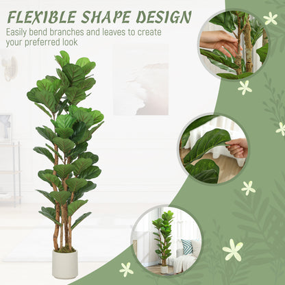 5FT Artificial Fiddle Leaf Fig Tree Set of 2, Fake Potted Tree with Solid Wood Trunks for Indoor Decor, Green