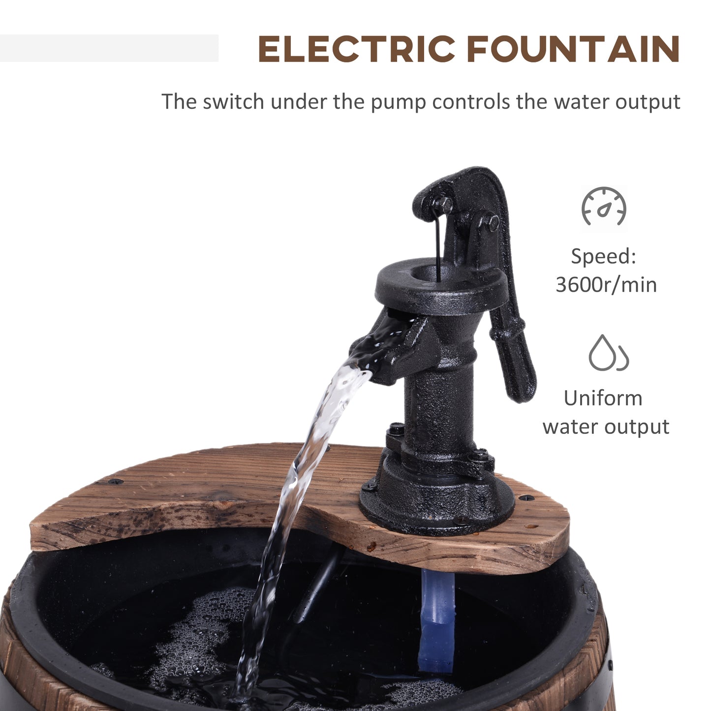 Wooden Outdoor Fountain, Electrical Barrel Waterfall with 3600r/min Speed Pump for Patio, Backyard, Carbonized