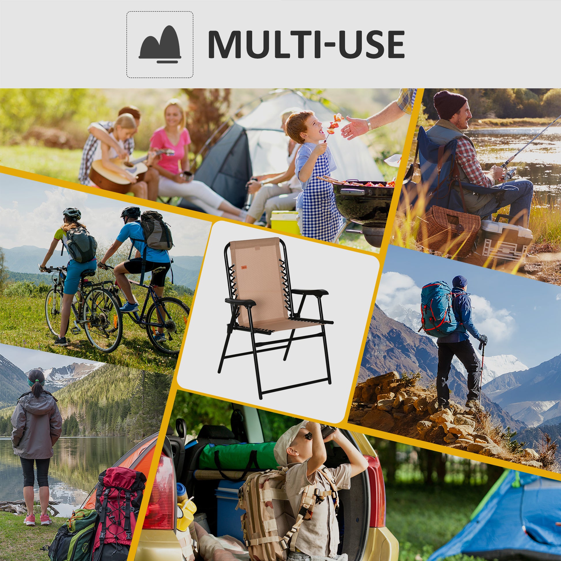 Outdoor Folding Chair, Bungee Sling Foldable Patio Dining Chair with Armrests, Folding Lawn Chair for Camping, Garden, Pool, Beach, Backyard, Beige