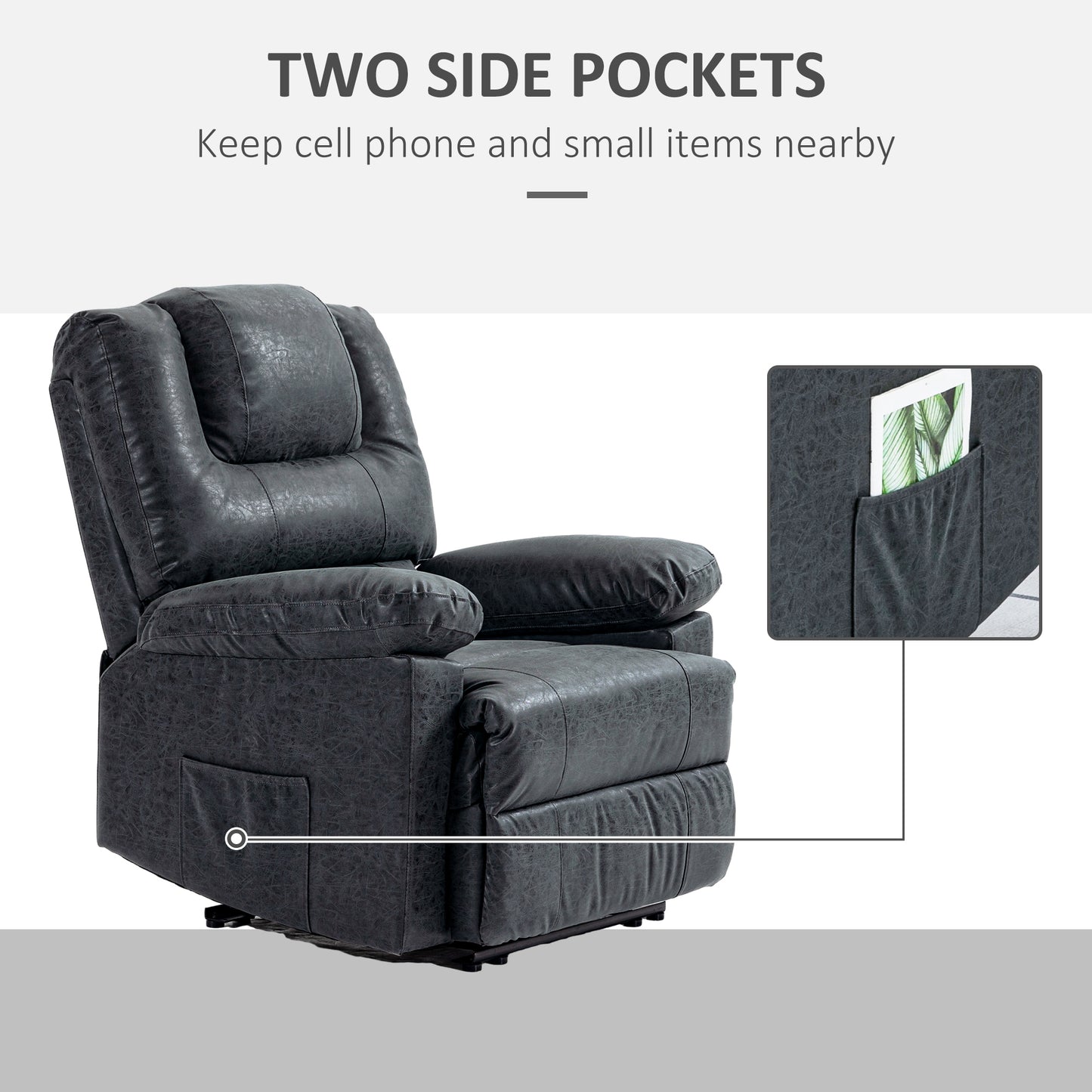 PU Leather Reclining Chair, Manual Recliner Chair for Living Room with Footrest, 2 Side Pockets, Steel Frame, Black