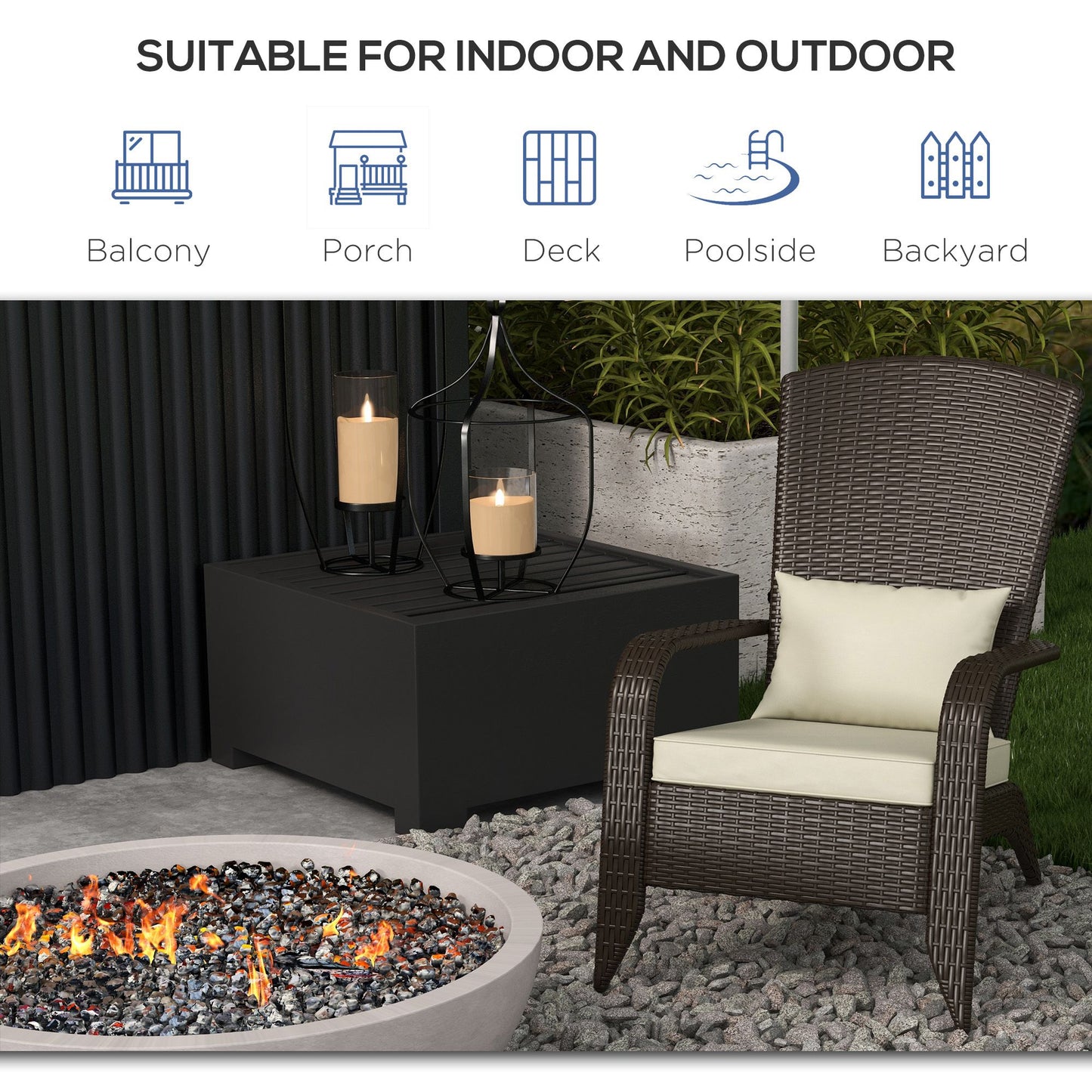 Patio Wicker Adirondack Chair, Outdoor Rattan Muskoka Chair with Cushions for Patio, Garden, Backyard Khaki