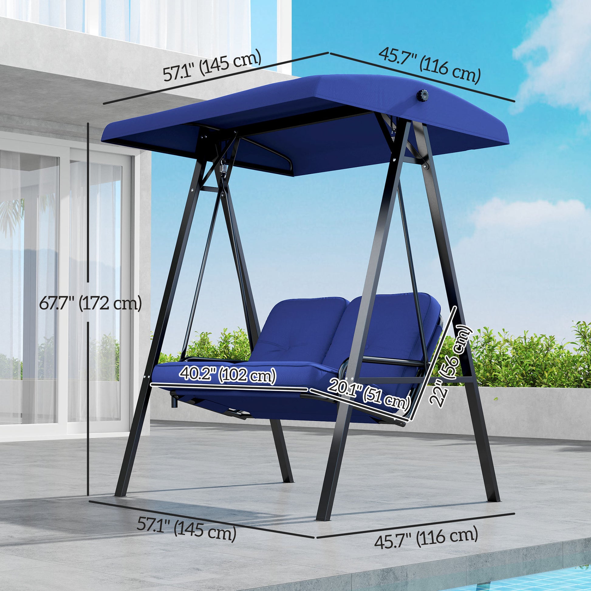 2-Seater Outdoor Porch Swing with Adjustable Canopy, Patio Swing Chair for Garden, Poolside, Backyard, Dark Blue