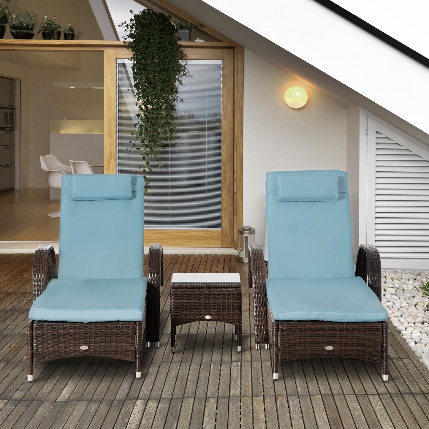 3 Pieces Wicker Patio Lounger Set with Table, PE Rattan Outdoor Lounge Chair Set with Cushions, Wheels, 5-Level Reclining Backrest, Headrest, Brown/Grey