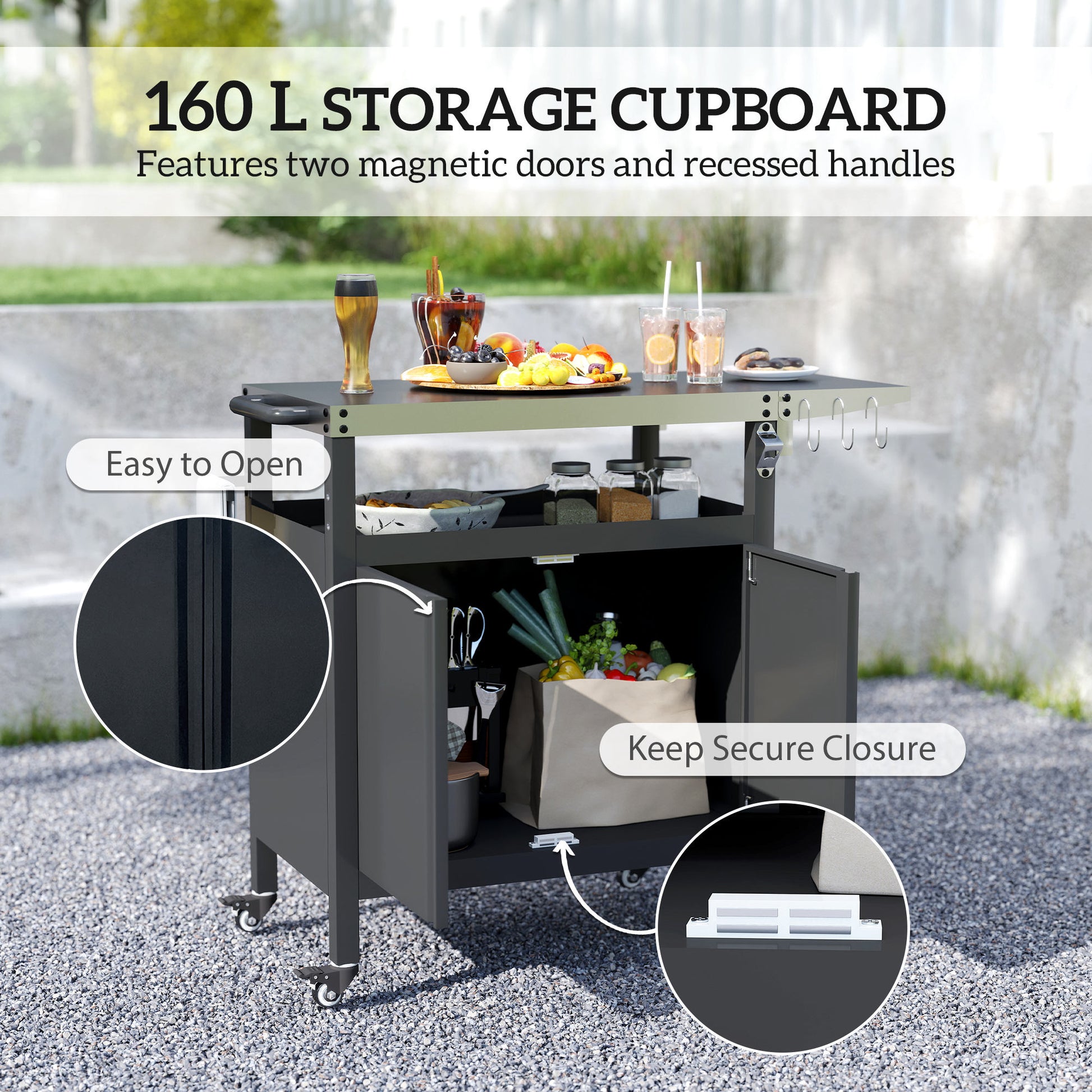 Outdoor Grill Cart Table with Foldable Side Table, BBQ Grill Stand with Stainless Steel Top & Hooks, 45.7"x19.7", Black