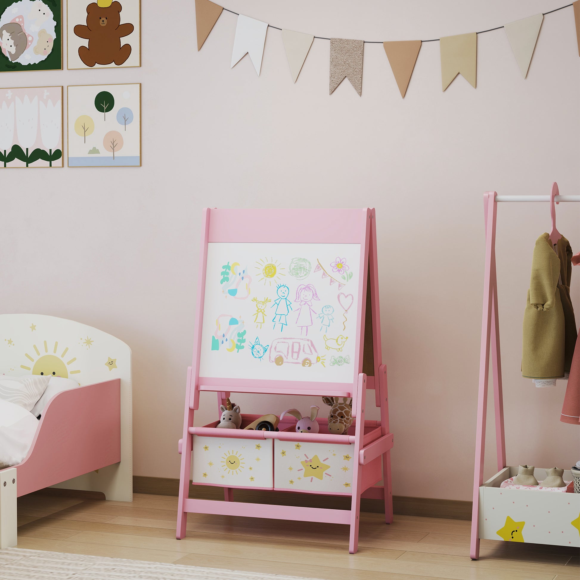 Qaba Art Easel for Kids, Double-Sided Whiteboard & Chalkboard with Paper Roll, 2 Storage Boxes, Gift for Boys, Girls, Pink