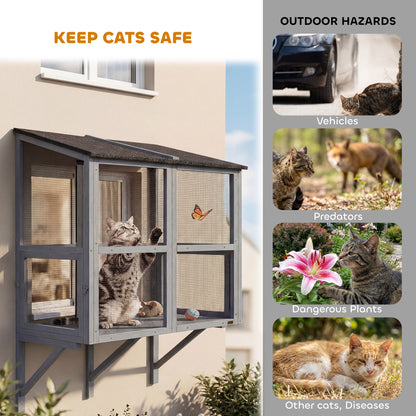 Catio Outdoor Cat Enclosure Wall-Mounted 2-Level Outdoor Cat House with Waterproof Roof 51.2" Grey