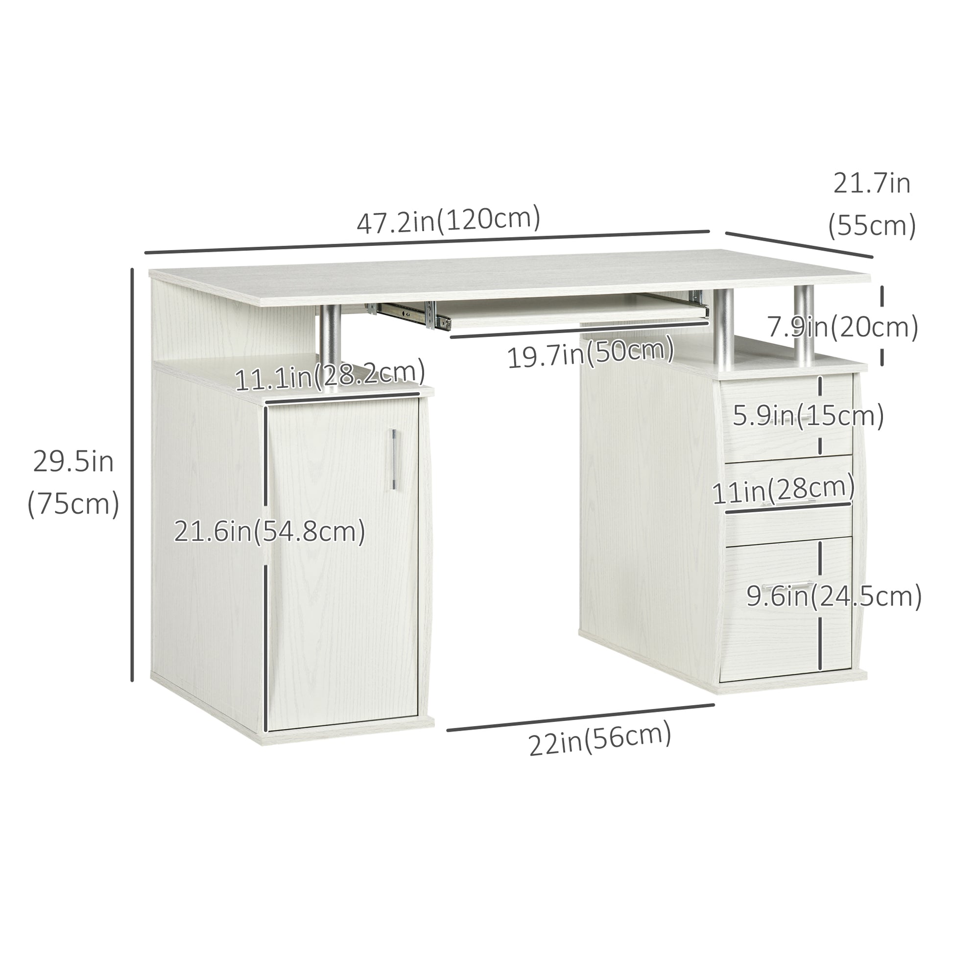 47" Computer Desk with Keyboard Tray and Storage Drawers, Home Office Workstation Table with Storage Shelves, White