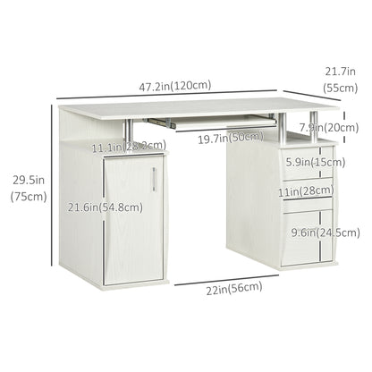 47" Computer Desk with Keyboard Tray and Storage Drawers, Home Office Workstation Table with Storage Shelves, White