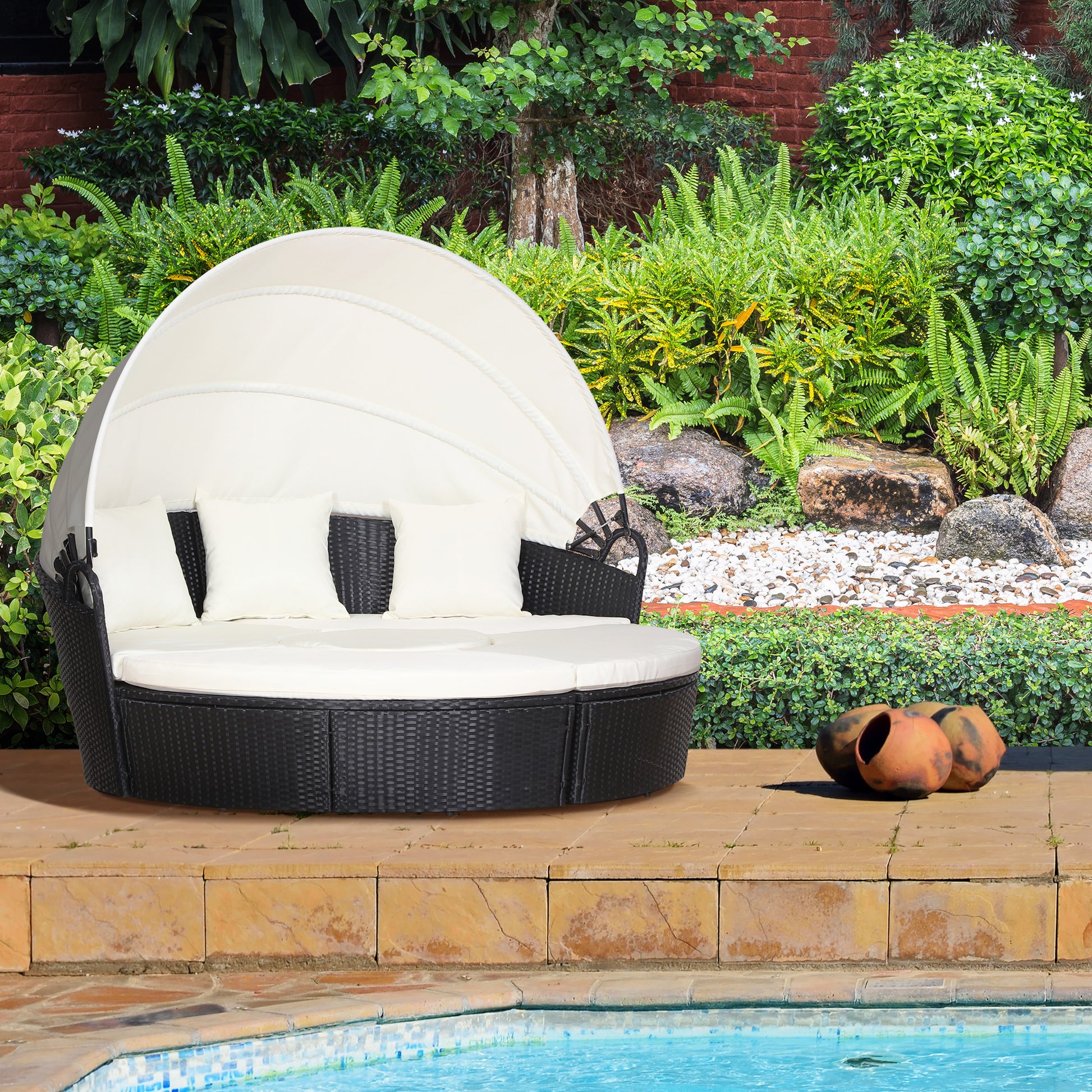 4 Pieces Outdoor Daybed with Retractable Canopy, PE Rattan Wicker Round Sofa Day Bed, Patio Sectional Conversation Furniture Set with Cushions and Pillows, Cream White