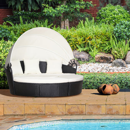 4 Pieces Outdoor Daybed with Retractable Canopy, PE Rattan Wicker Round Sofa Day Bed, Patio Sectional Conversation Furniture Set with Cushions and Pillows, Cream White