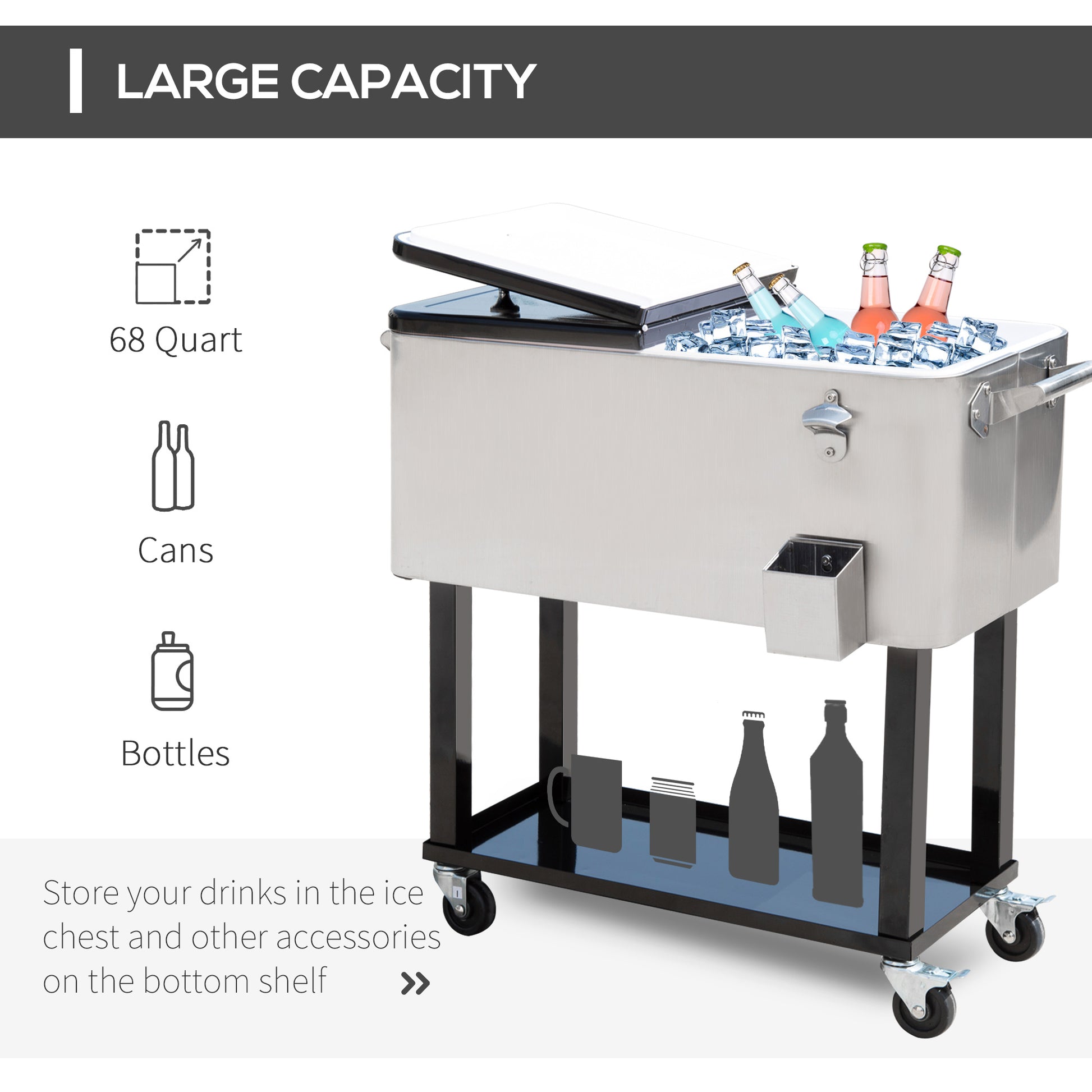 80 Quart Rolling Cooler Cart Ice Beer Beverage Cooling Bin for Outdoor Party, 35.4" x 15.4" x 32.7", Silver