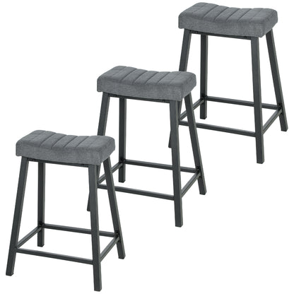 Set of 3 Bar Stools, Velvet Upholstered Counter Stools with Curved Seat and Footrest for Kitchen Island, Grey