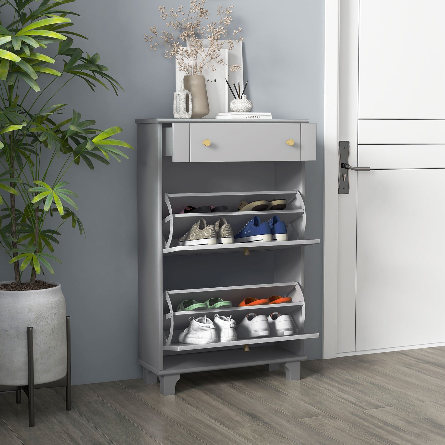 Slim Shoe Storage with 2 Flip Drawers and Adjustable Shelves Shoe Cabinet Organizer for 8 Pair, Grey