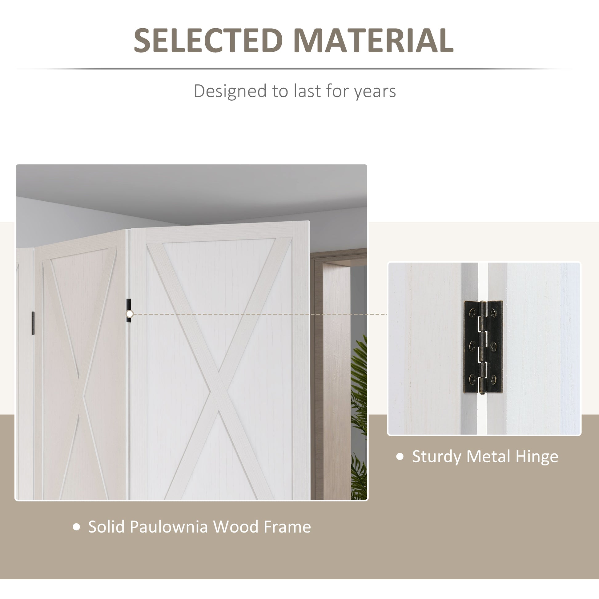 3-panel Wall Partition Farmhouse Room Separator with Foldable Design Wooden Frame 5.6FT, White