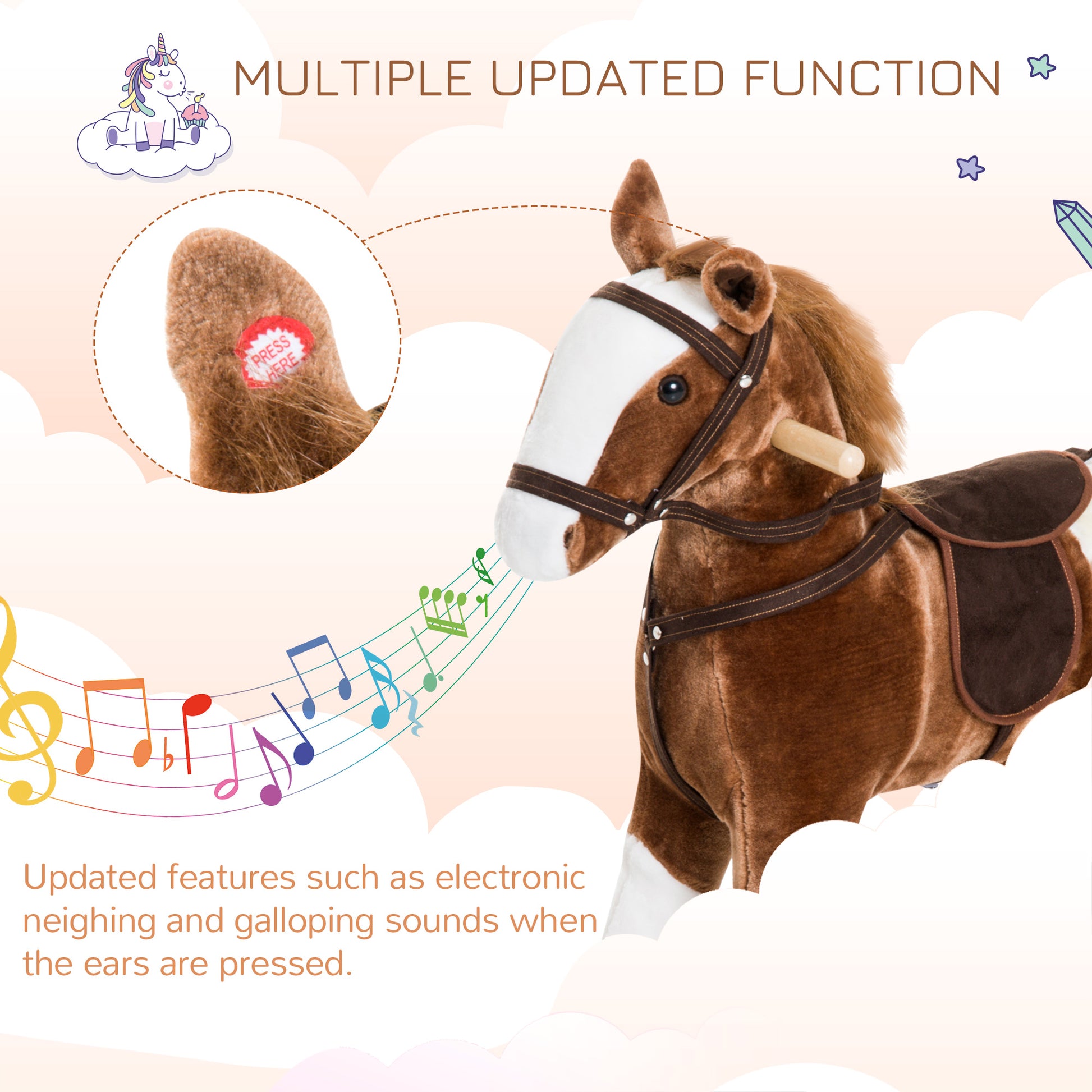 Qaba Baby Rocking Horse, Children Plush Animal Rocker, Kid Ride on Toy with Realistic Sound, Handle Grip, Brown