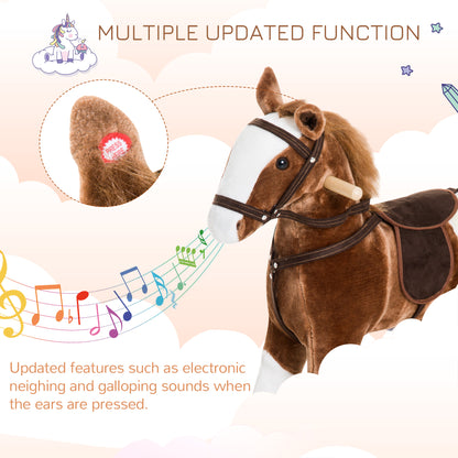 Qaba Baby Rocking Horse, Children Plush Animal Rocker, Kid Ride on Toy with Realistic Sound, Handle Grip, Brown