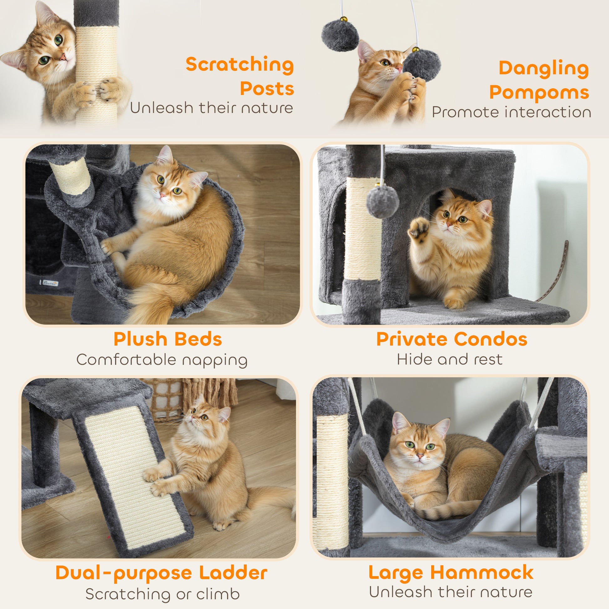 76" Large Cat Tree for Indoor Cats with 8 Scratching Posts, 3 Plush Beds, 2 Hammocks, 2 Large Condos, Ramp, Dark Grey