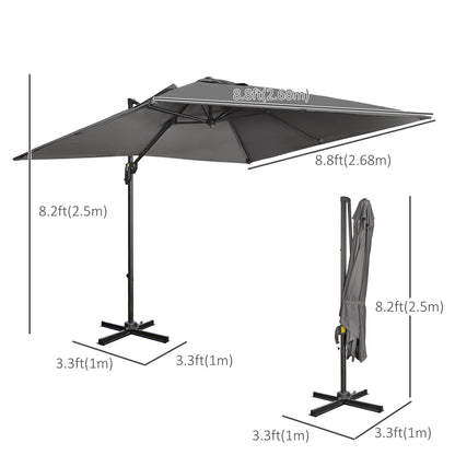 9ft Cantilever Patio Umbrella, Square Overhanging Umbrella with Cross Base, Crank Handle, Tilt, 360° Rotation and Aluminum Frame, Dark Grey