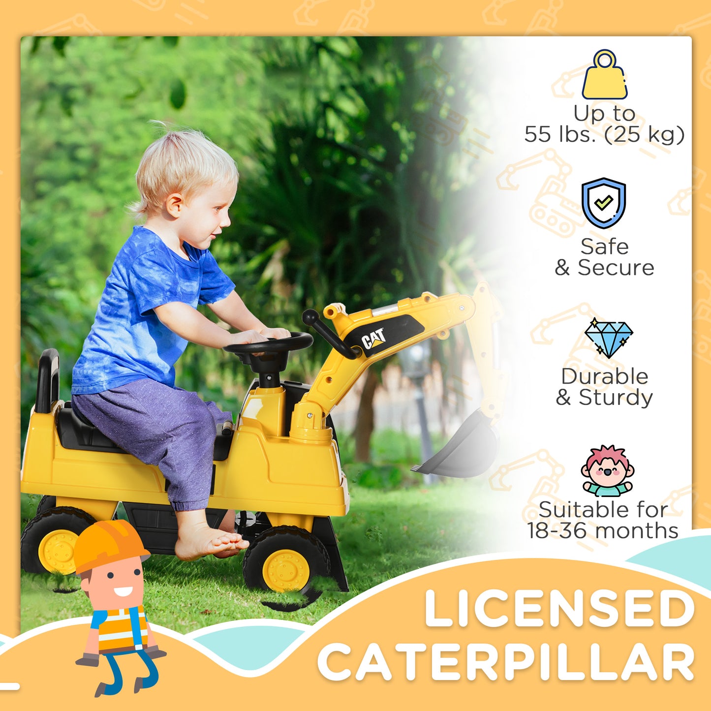 Aosom Kids Excavator Ride on Toy CAT Licensed with Manual Shovel, Horn, Hidden Storage for 18-36 Months, Yellow