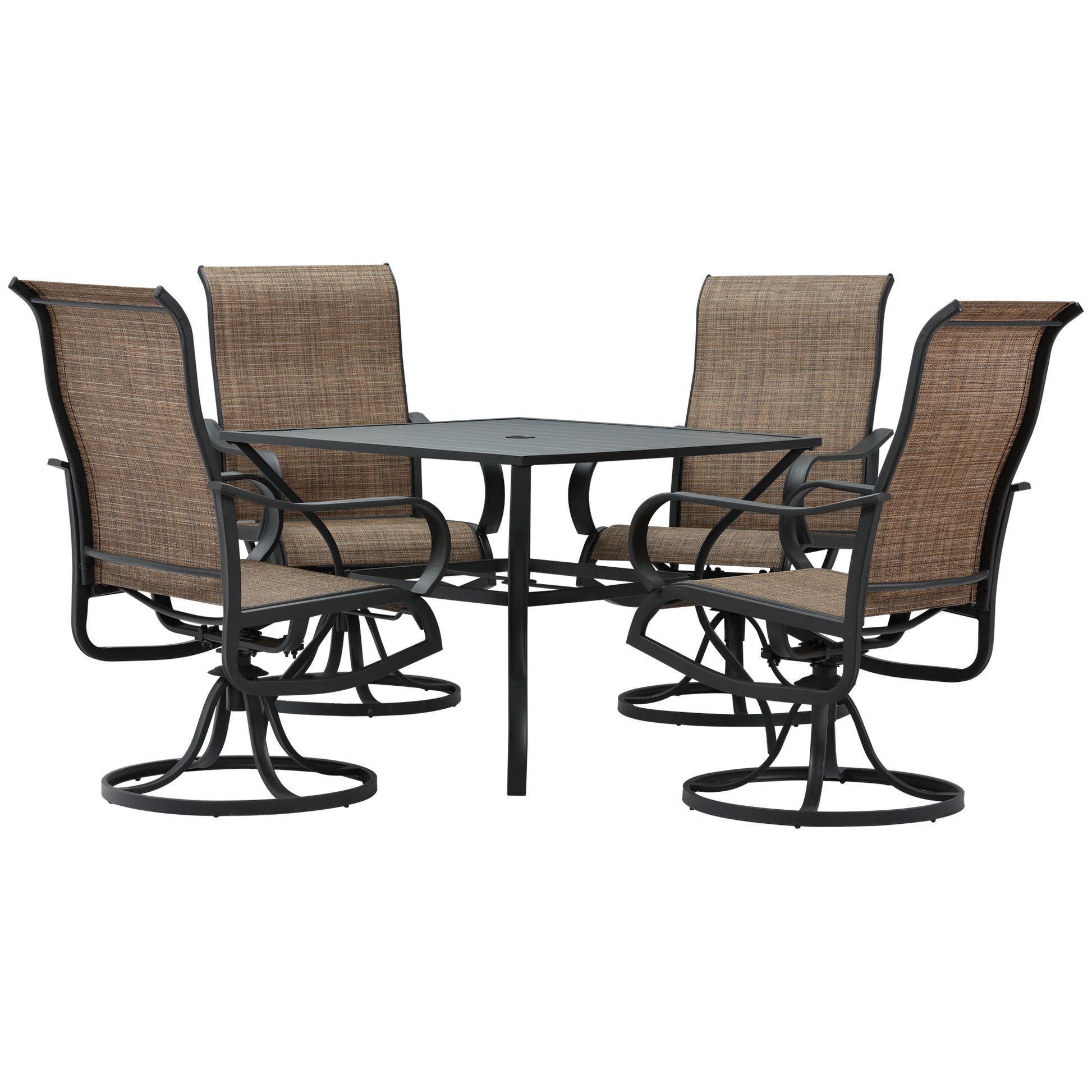5-Piece Outdoor Patio Dining Set, 4 Swivel Rocker Chairs and 37" x 37" Dining Table Furniture Set with Umbrella Hole for Garden, Lawn and Backyard, Black (Umbrella not included)