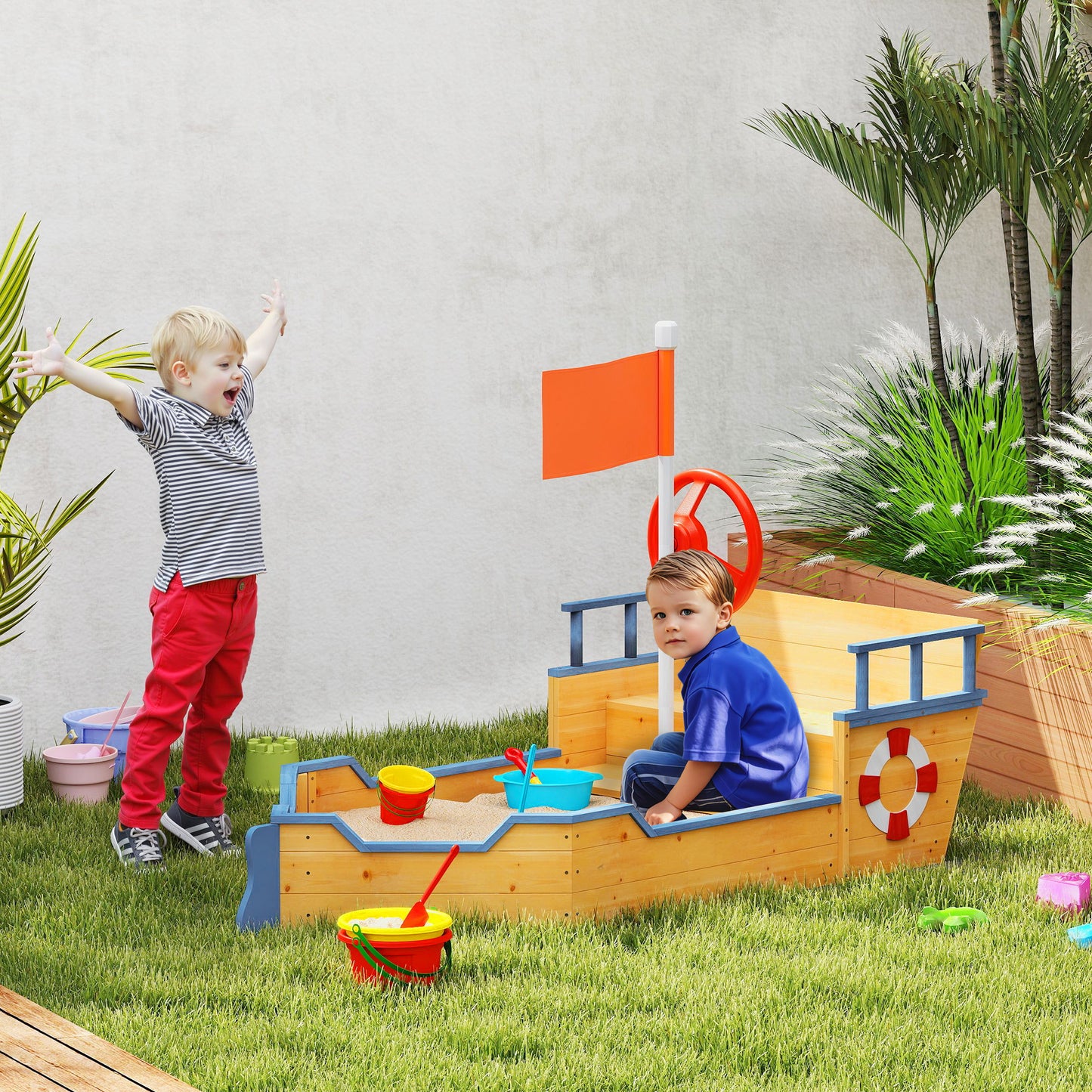Kids Wooden Sandbox Pirate Ship Sandboat Outdoor Backyard Playset Children Sandpit w/ Bench Seat Storage Space & Flag for 3-6 Years Old