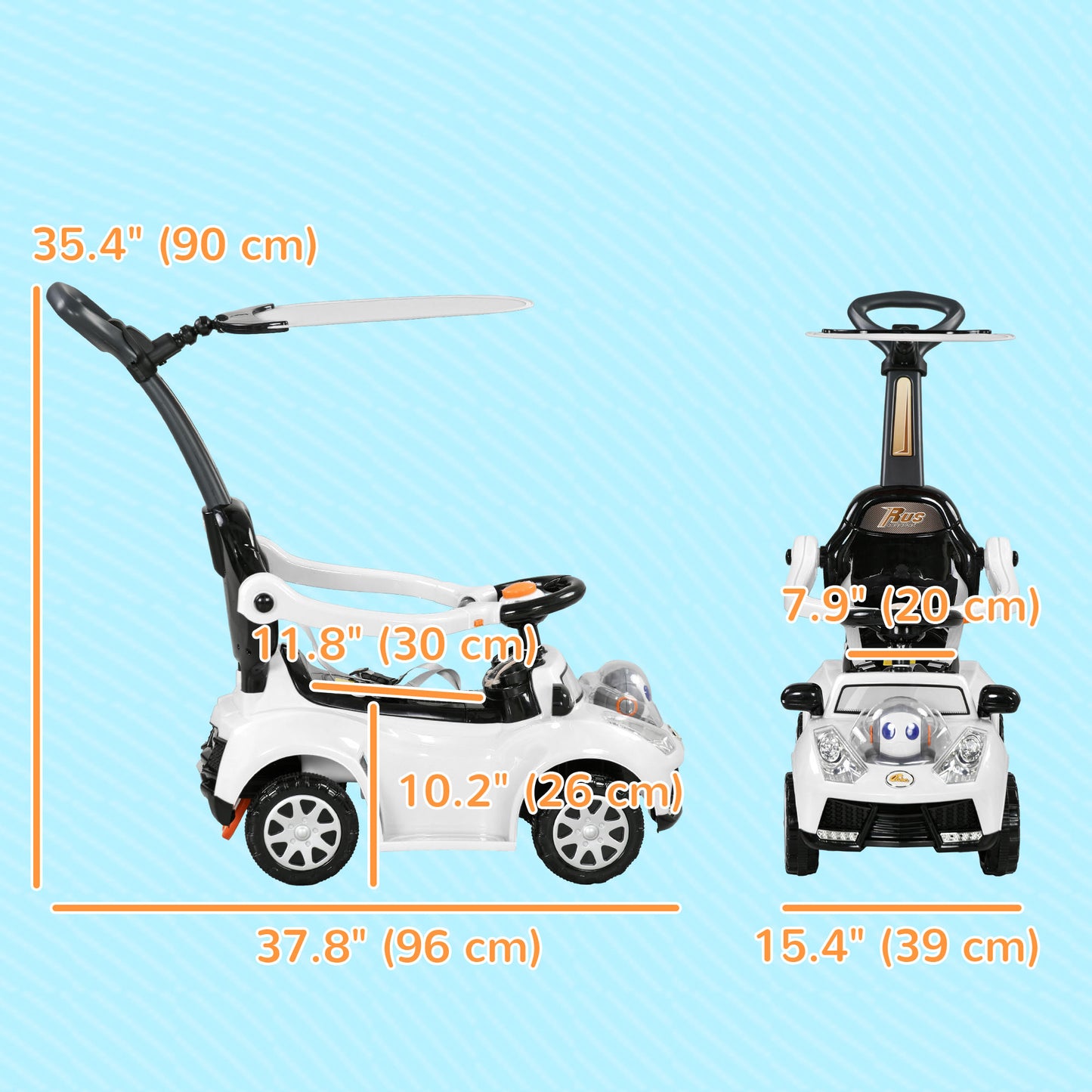 Qaba 3 in 1 Kids Push Car Toddler Sliding Car, Foot to Floor Design with Music, Light, Handle, Removable Canopy, White