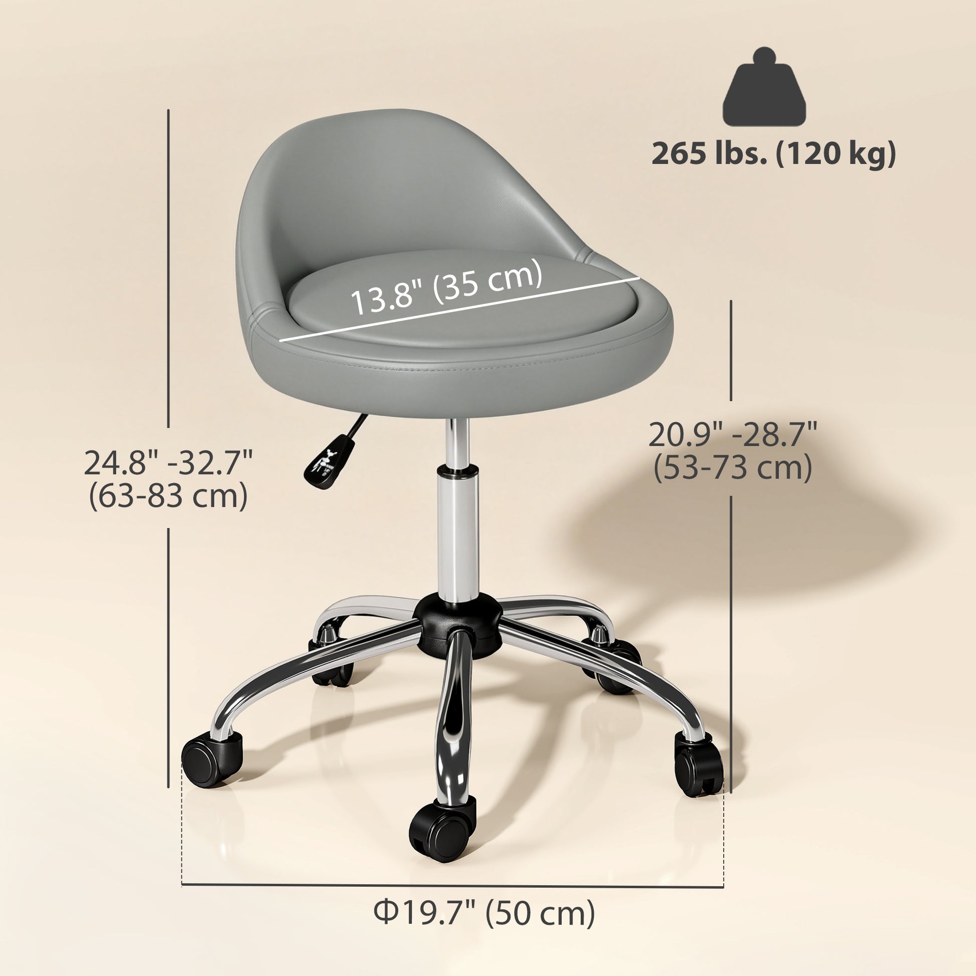 Salon Stool, Adjustable Rolling Stool, Grey