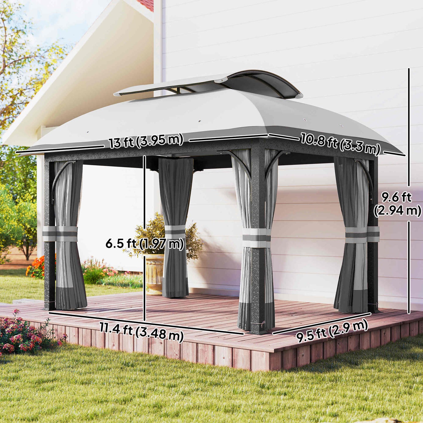 11' x 13' Patio Gazebo, Double Roof Outdoor Gazebo Canopy with Netting & Curtains, Galvanized Metal Frame, Light Grey