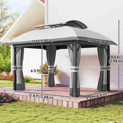 11' x 13' Patio Gazebo, Double Roof Outdoor Gazebo Canopy with Netting & Curtains, Galvanized Metal Frame, Light Grey