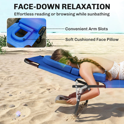 Folding Chaise Lounge Chair, Reclining Beach Tanning Chair with Face Hole, Pillow, 4-Position Adjustable Lay Flat Sun Lounger, Steel Frame for Outdoor Patio Pool, Blue