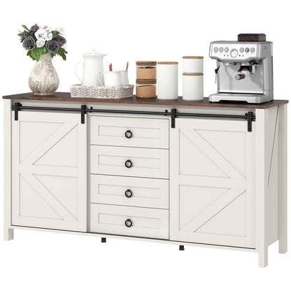 60" Buffet Cabinet, Farmhouse Sideboard with Sliding Barn Doors, Drawers and Adjustable Shelves, Cream White