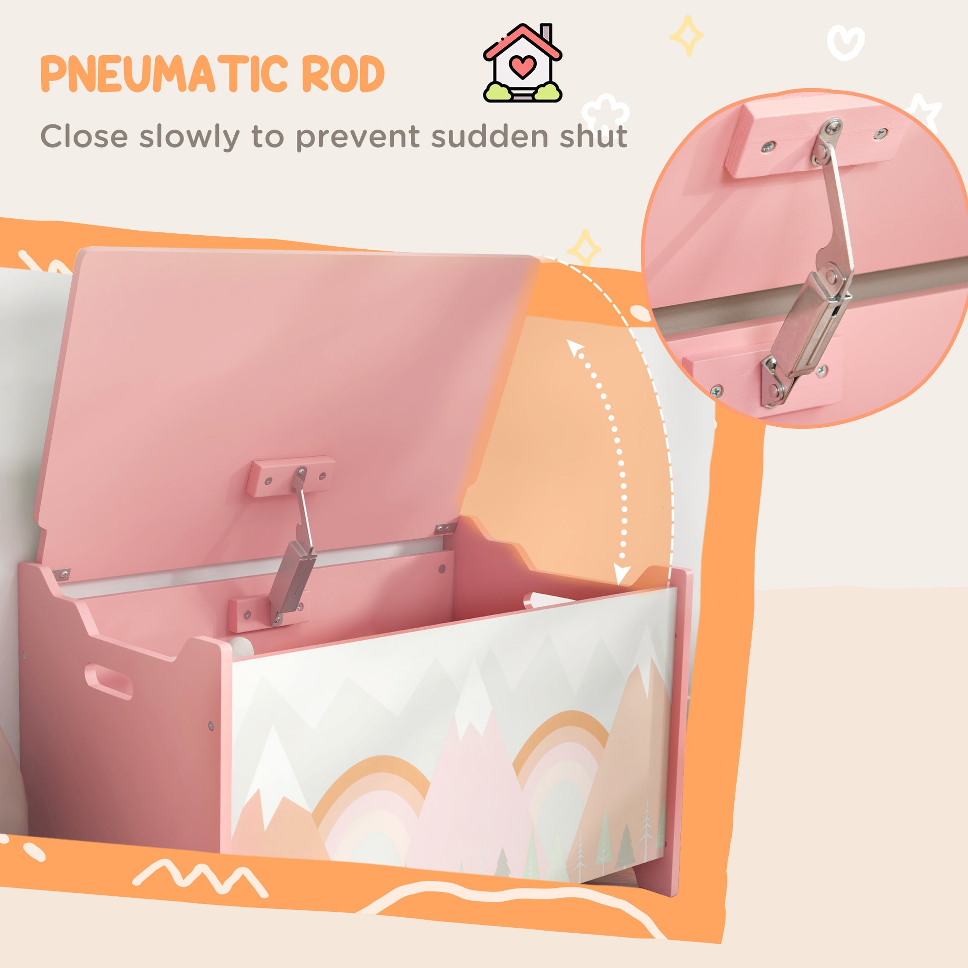 Qaba Toy Box, Kids Storage Chest with Lid, Safety Hinges and Groove Handles, Toy Storage Organizer with Rainbow Pattern for Boys, Girls, Pink