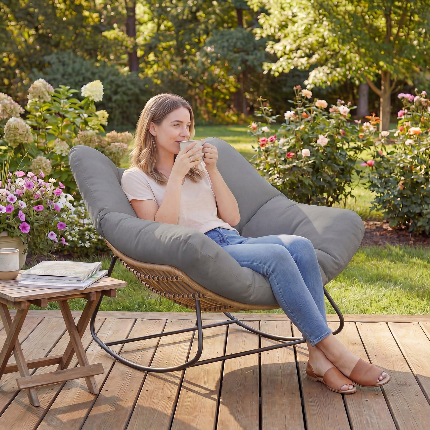 Indoor Outdoor Papasan Rocking Chair, Oversized Rocking Egg Chair with Cushion for Garden, Patio, Grey