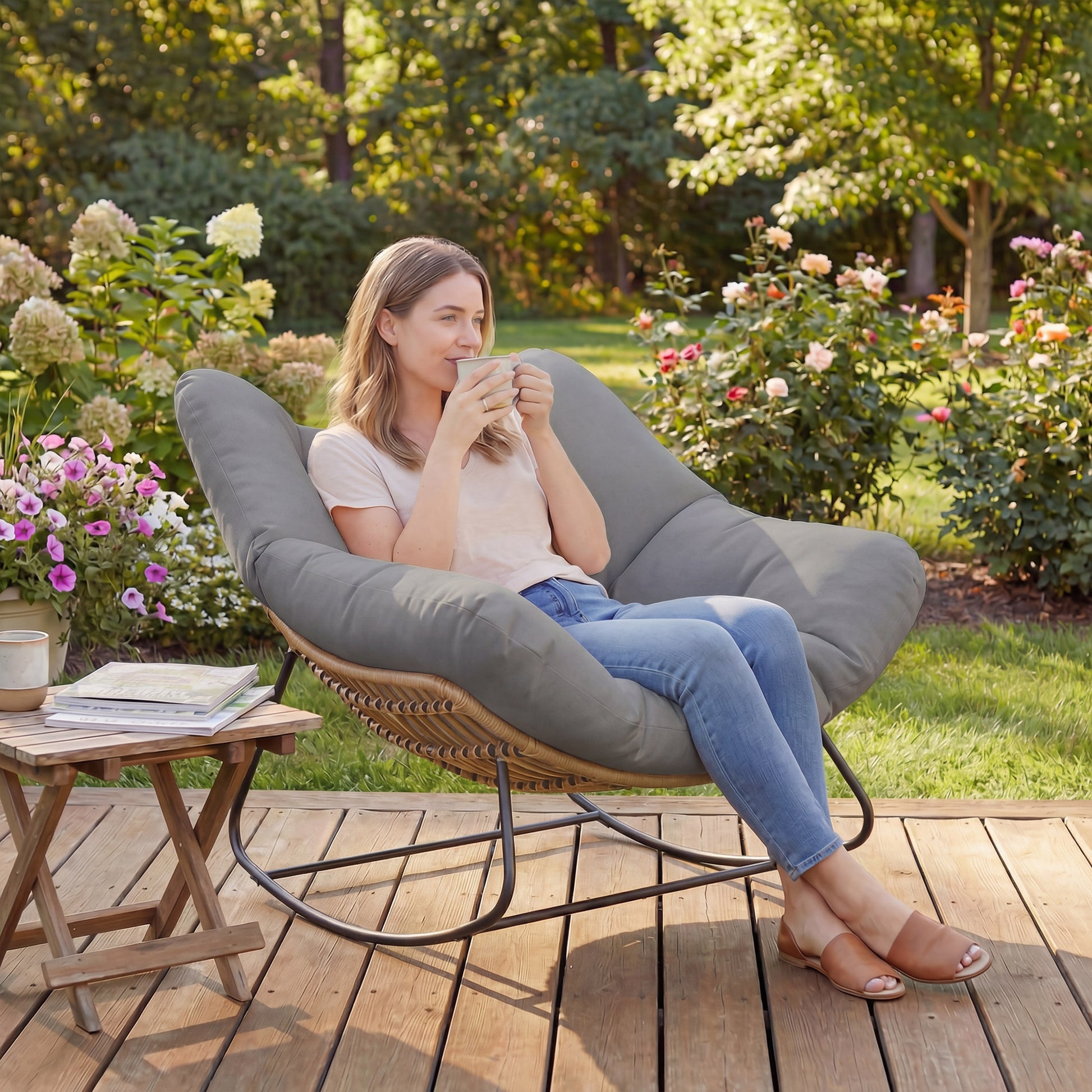 Indoor Outdoor Papasan Rocking Chair, Oversized Rocking Egg Chair with Cushion for Garden, Patio, Grey