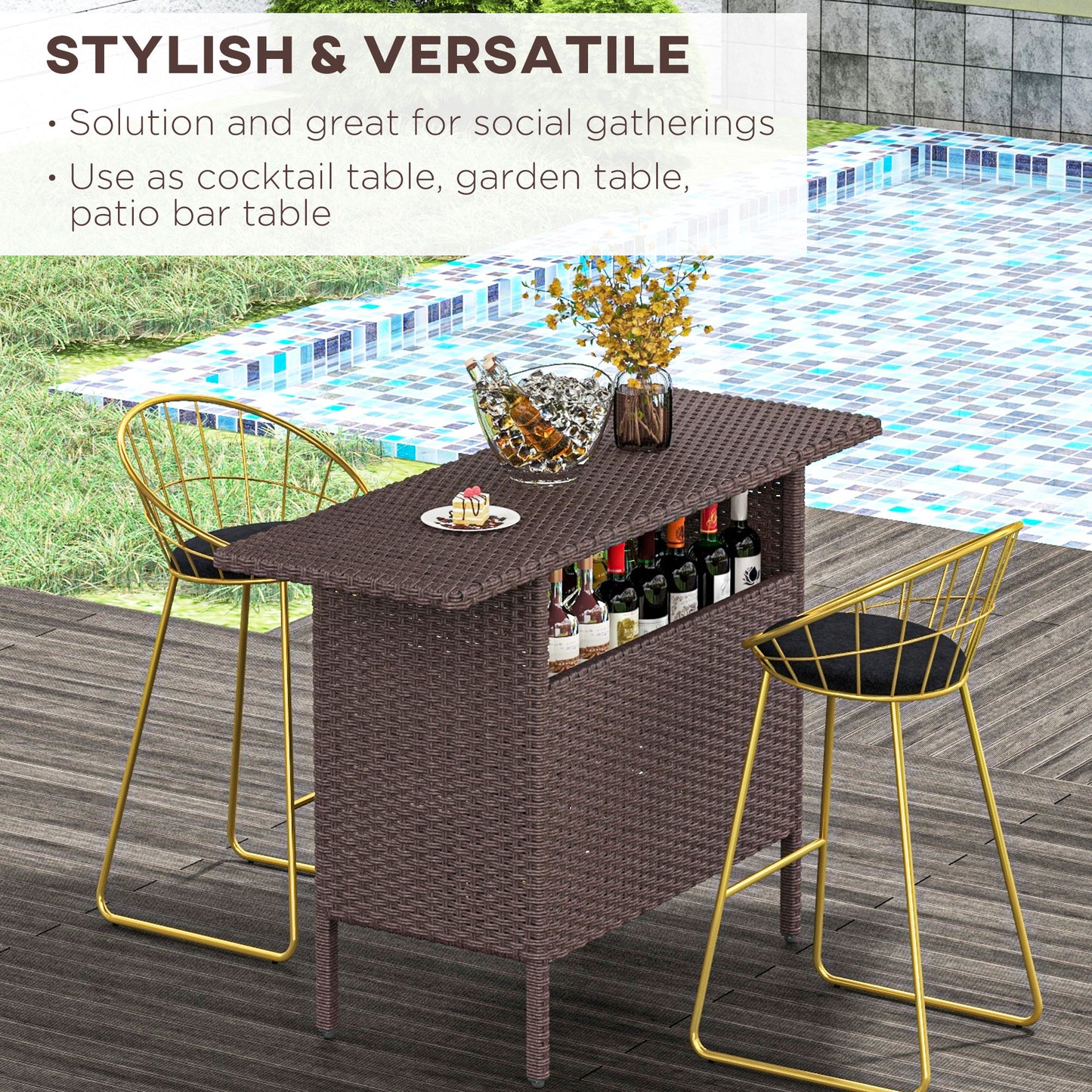 Bar Height Outdoor Rattan Table, Patio Wicker Bar Table with 2 Storage Shelves, 55.1" x 18.5" x 37", Brown